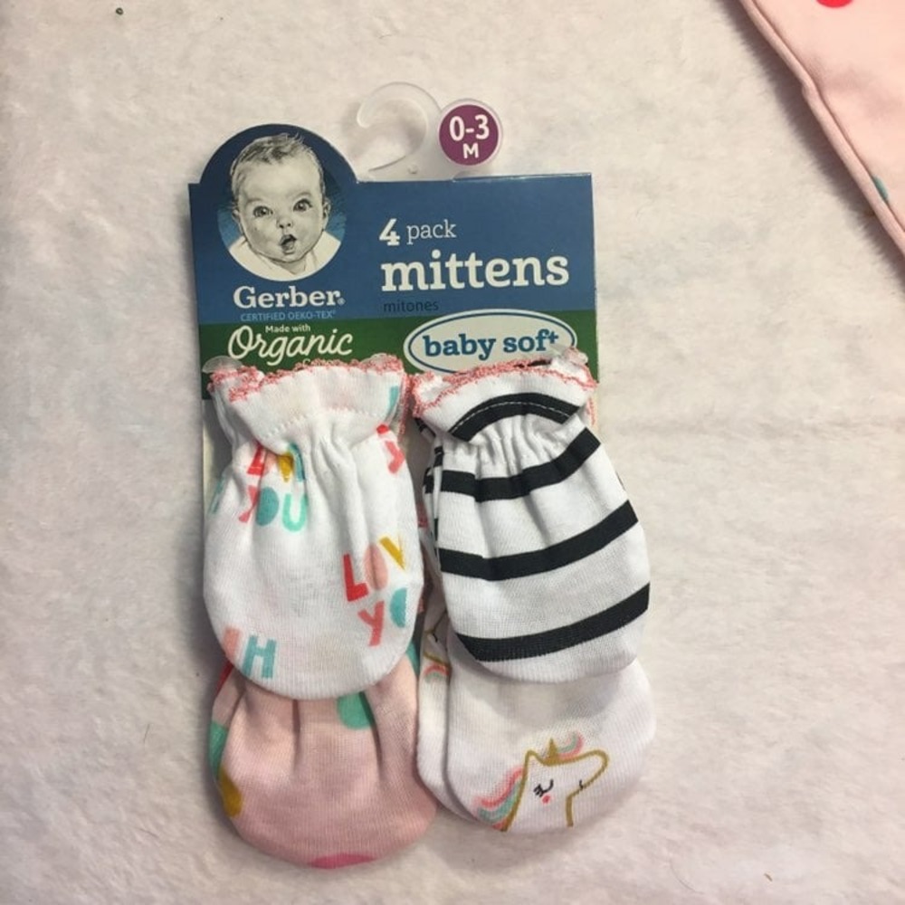 Gerber Mittens Kids 0-3M Pink White Black New Organic Cotton 4 Pack Unicorn